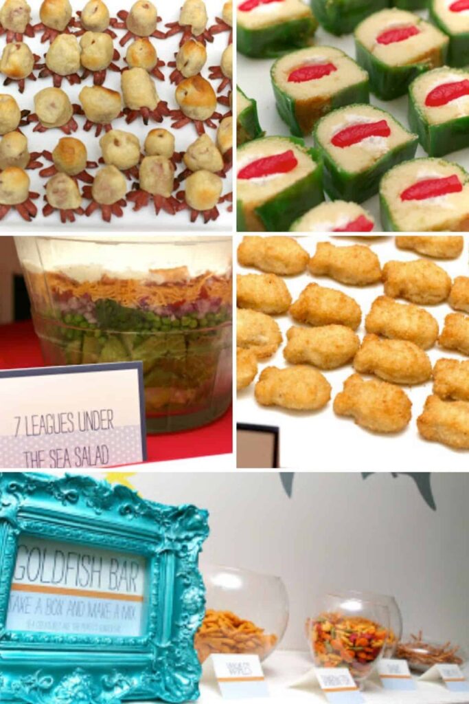 collage of ocean themed party food including candy sushi, hot dog octopus, salad, fish sticks, and goldfish bar