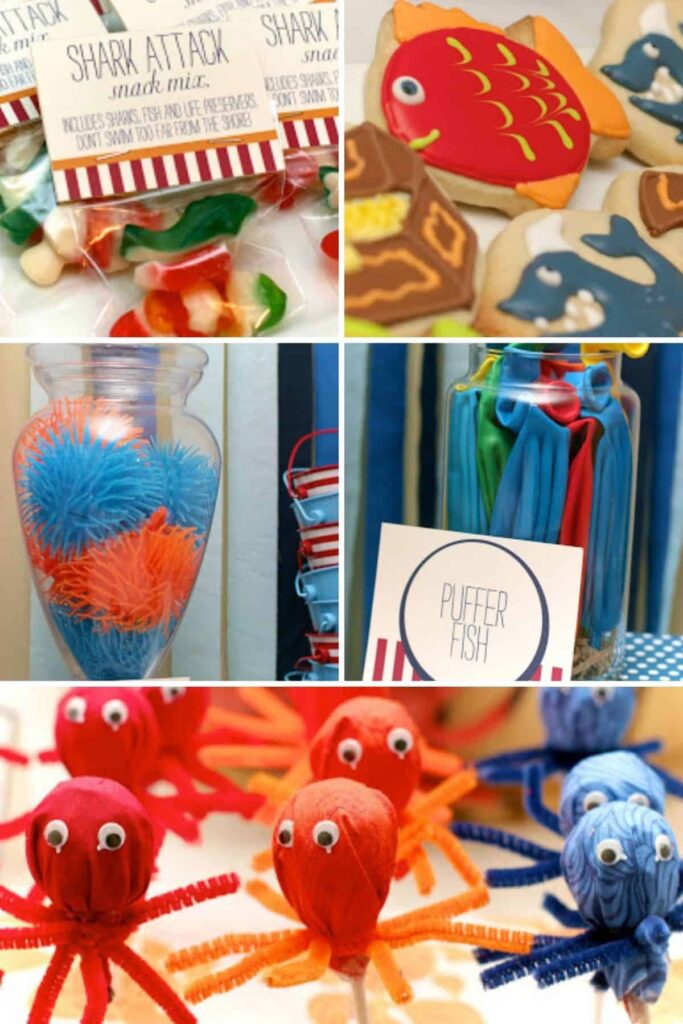 collage of under the sea party favors octopops, sea urchins, cookies, snack mix, and puffer fish balloons