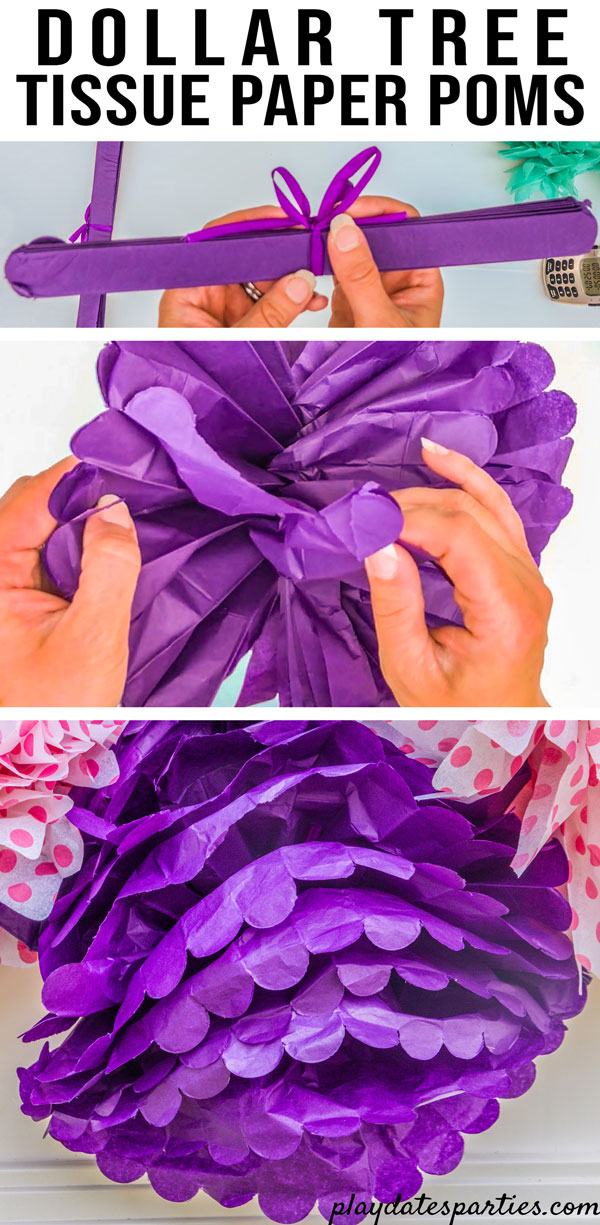 Showing Dollar Tree tissue paper pom poms as they look out of the package, that one came with a rip, and that they don't look best when opened as a sphere