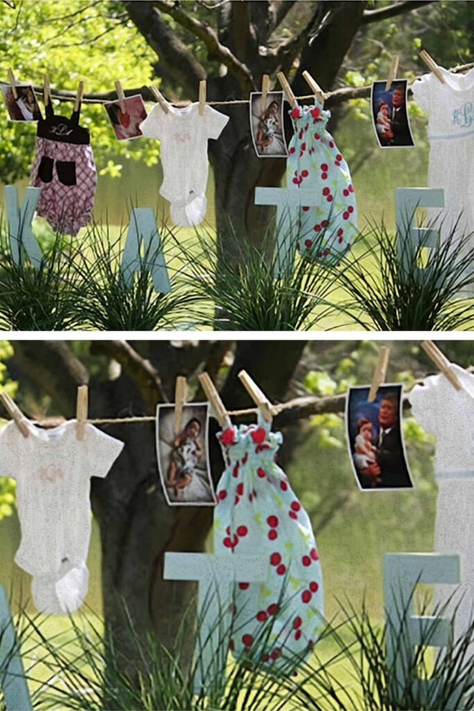 collage of two photos showing baby clothes and baby pictures on a clothesline with large blue letters in front