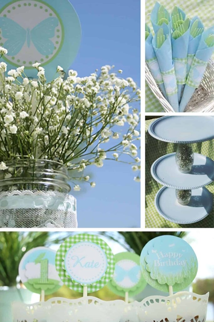 collage of DIY garden party decorations in green and blue for a first birthday