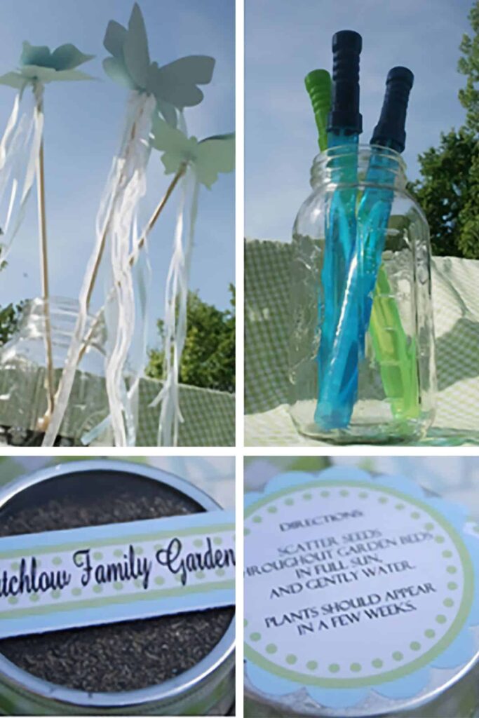 collage of party details including butterfly wands, bubbles, and flower seed tin party favors