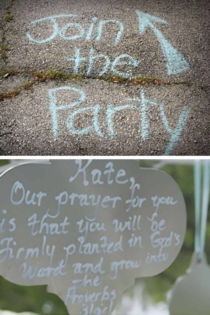 collage of two photos: the top photo has a chalk drawing that says join the party, and the bottom photo has a metal tag with a wish for the birthday girl