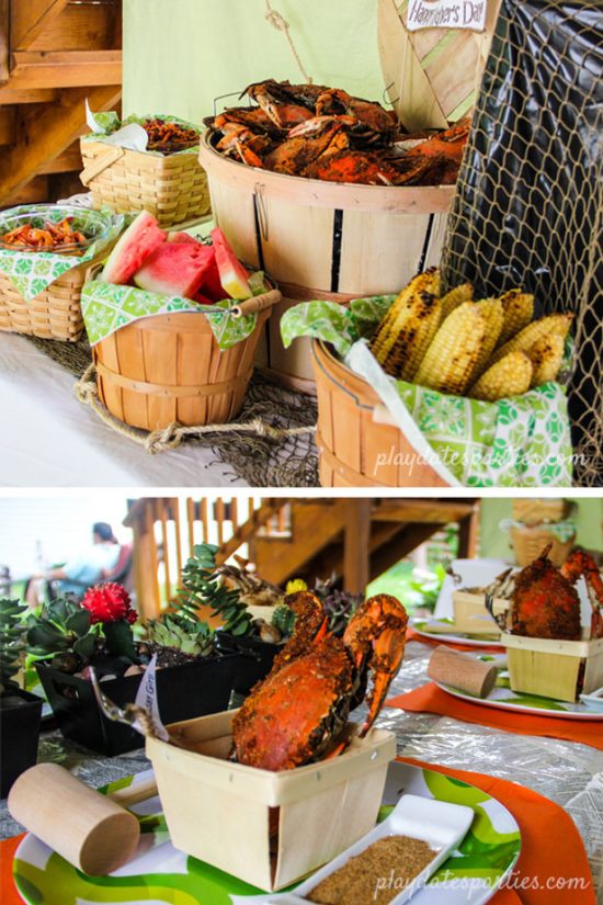 Crab feast buffet and place setting with a steamed crab ready for picking.