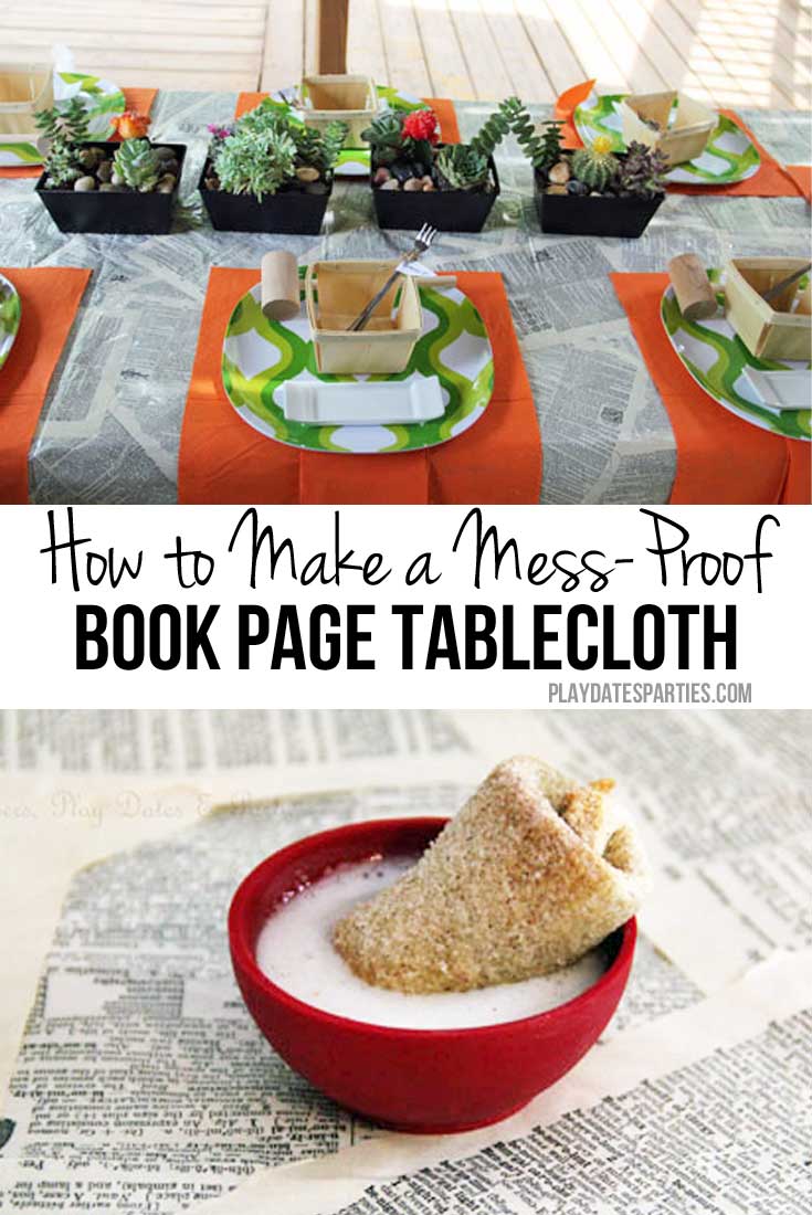 Make your next outdoor dinner party stand out with this custom mess-proof book page tablecloth. It only takes a few materials to make!
