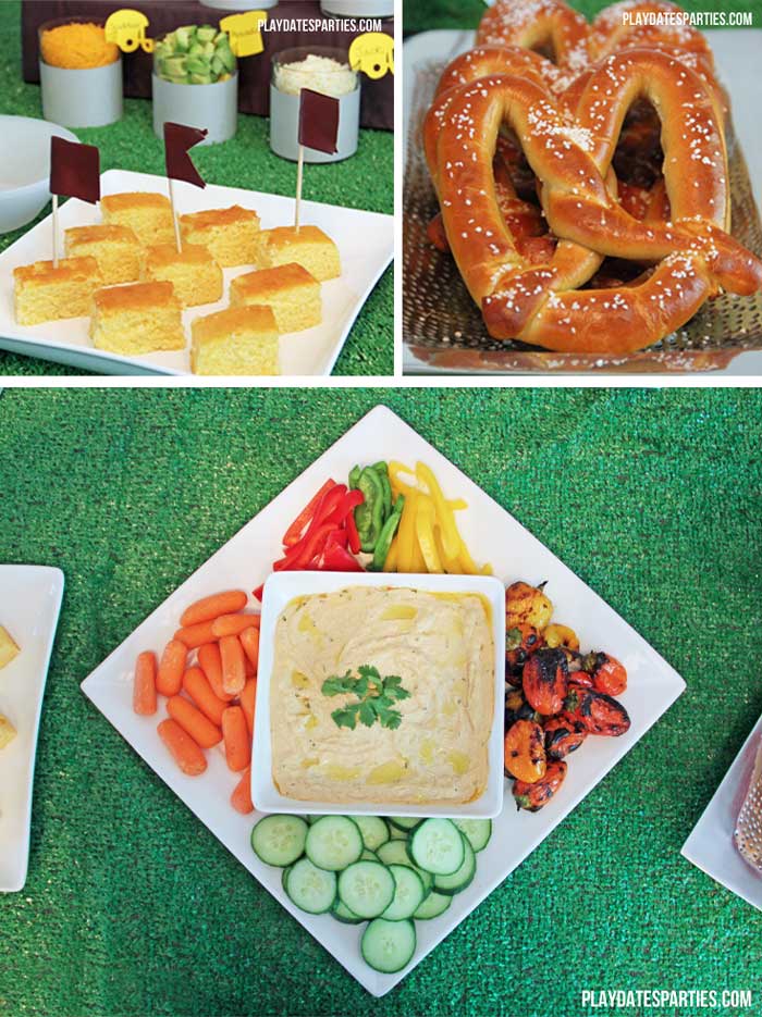 Take a look at this fun football kickoff party, including classic football fare. Don't miss the DIY chili toppings bar, hummus platter, Berger cookies, cornbread squares, and the craft beer bar.