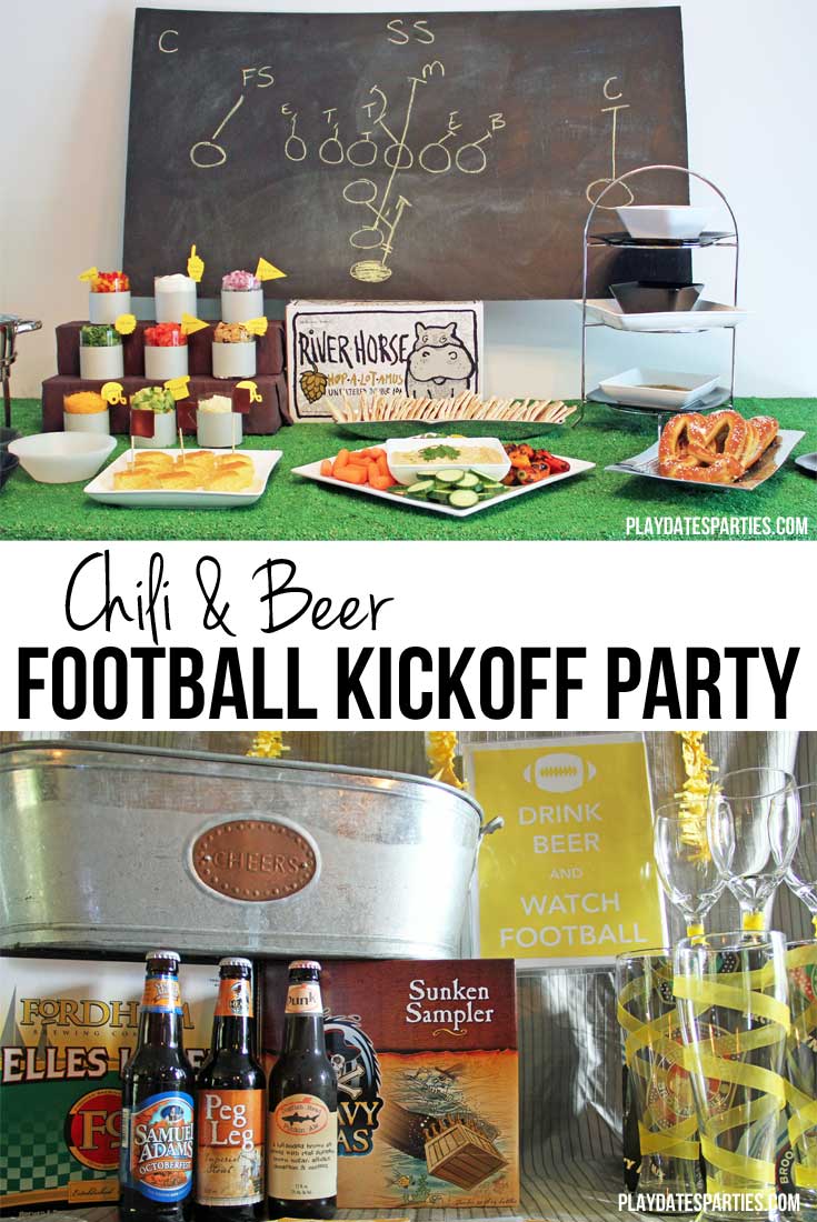 Take a look at this fun football kickoff party, including classic football fare. Don't miss the DIY chili toppings bar, hummus platter, Berger cookies, cornbread squares, and the craft beer bar.