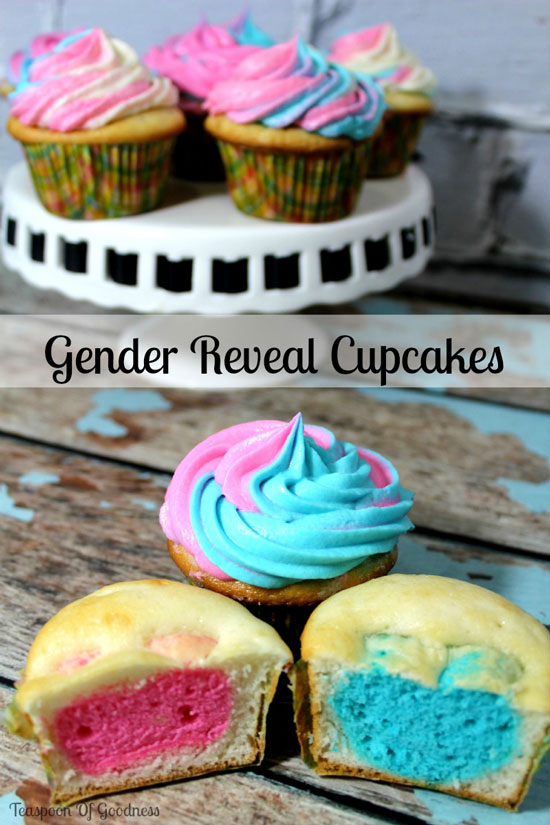 A picture that says "gender reveal cupcakes" with cupcakes filled with blue and pink hearts