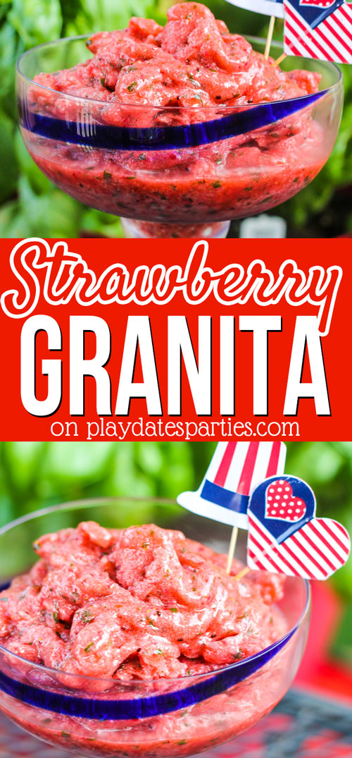 Want an easy treat to cool off this summer? Head over to playdatesparties.com to get the full recipe for delicious strawberry basil granita. Yum!
#strawberries #summer #nochurn #dessert #pdpsweets