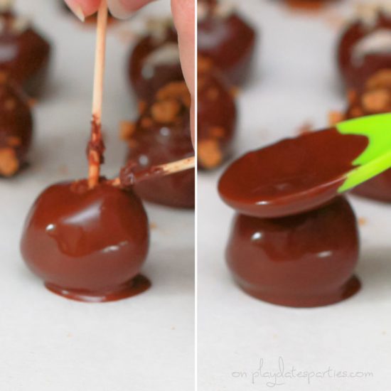 how to use toothpicks and a baby spoon to get a smooth chocolate coating on a truffle