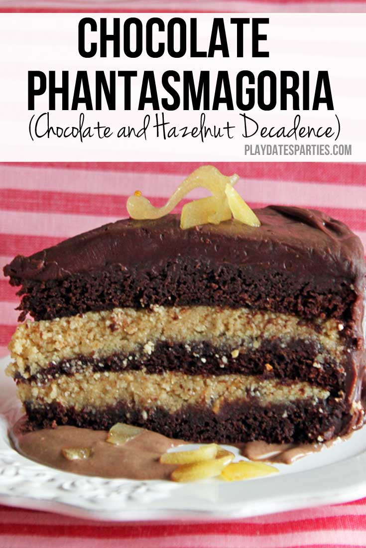 Looking for a break from your standard chocolate layer cake? Try this chocolate phantasmagoria cake, filled with hazelnut butter and layered with ganache.