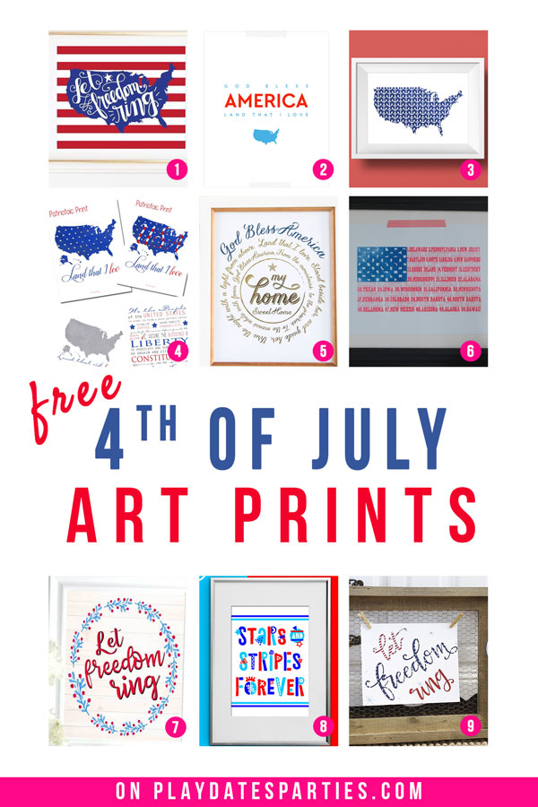 A collage of 9 different patriotic posters and prints with the text free 4th of July art prints