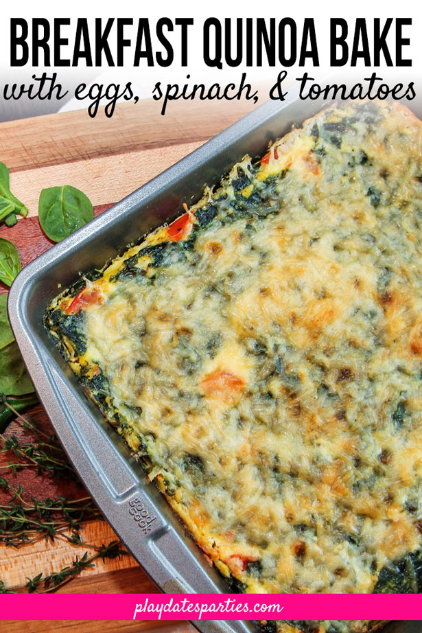 Who doesn't love a good make ahead breakfast casserole for cold mornings? And you can feel good about eating one too, with this simple breakfast quinoa bake with egg, spinach, and tomatoes. Because it's loaded with vegetables and high protein, its a quick and easy (not to mention delicious) way to get a healthy start to your day. #breakfastrecipes #casseroles #quinoa