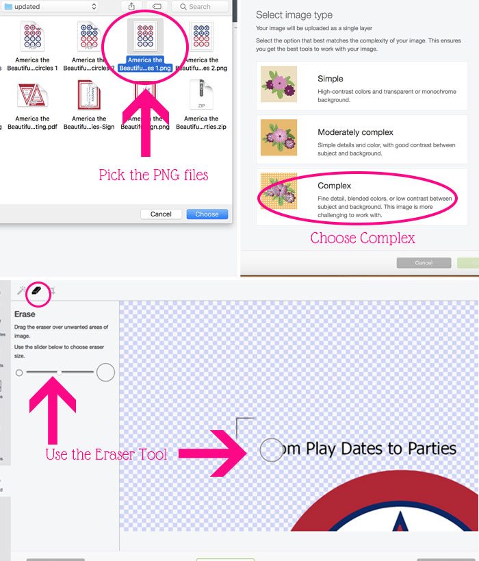 A collage showing the steps for uploading Independence Day printables to Cricut Design Space