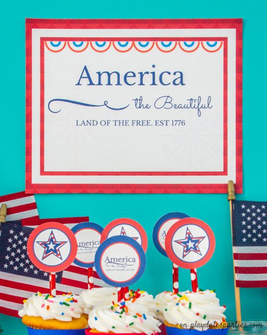 A photo of a printable sign that says America the Beautiful Land of the Free Est 1776