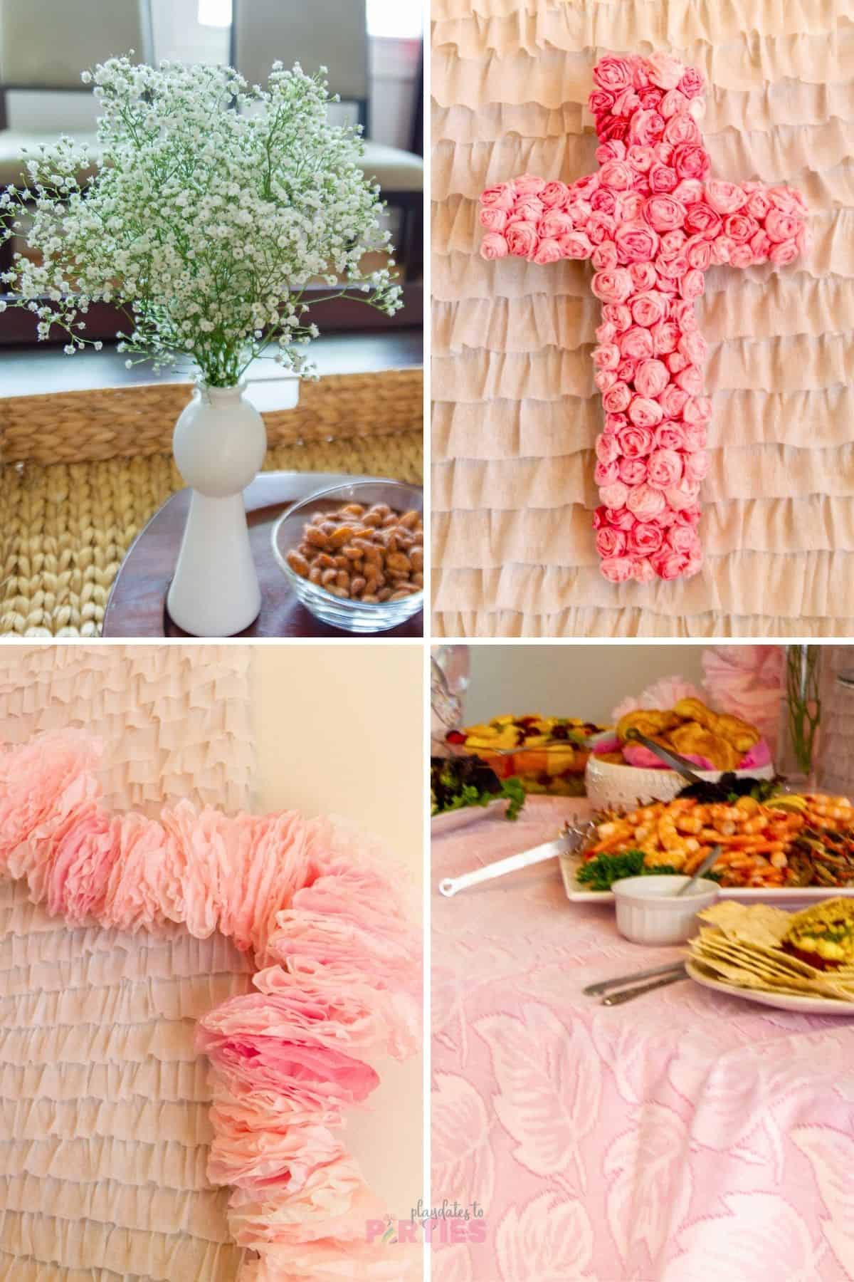 Collage of party decor, including baby's breath, riffle garland, cross covered in rosettes, and pink lace table covers.