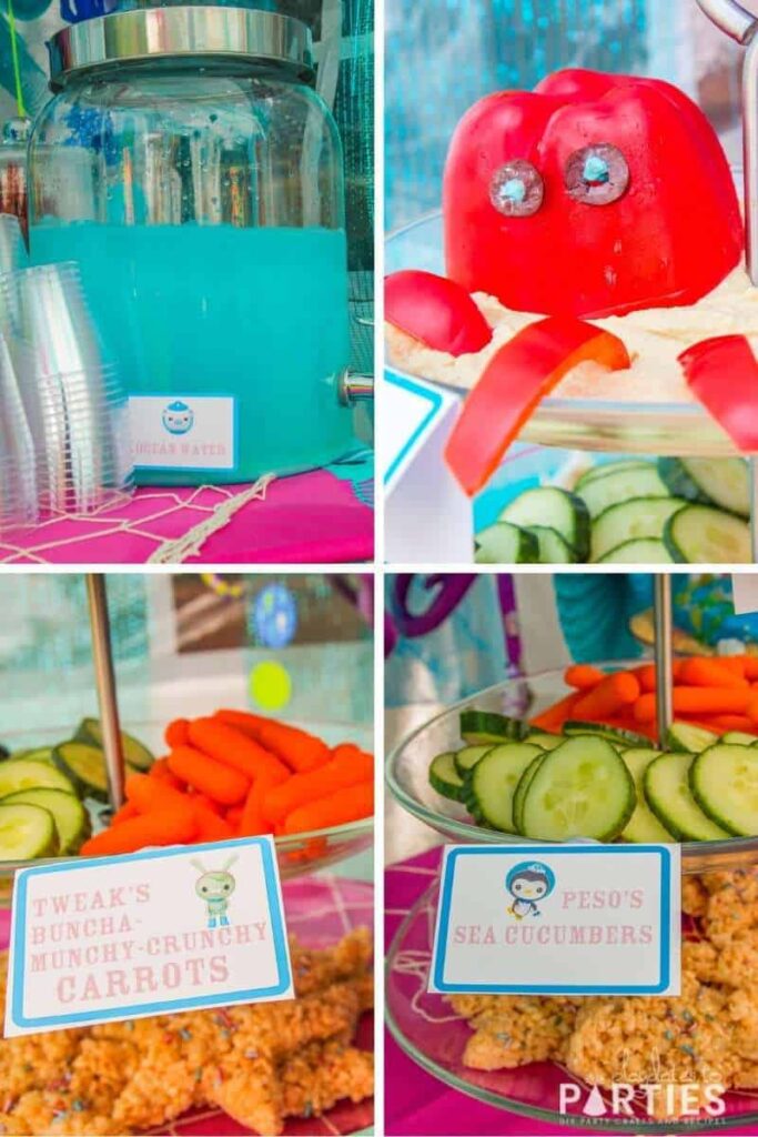 collage of ocean themed party food: ocean water punch, octopus hummus dip, carrots, and vegetables