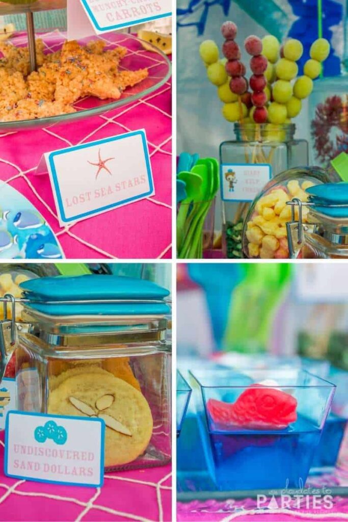 collage of ocean themed party food: sea star rice krispies, frozen grapes kelp forest, sand dollar cookies, and swedish fish jello cups