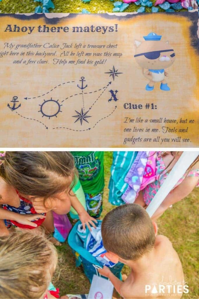 treasure hunt map and a photo of children enjoying a treasure hunt