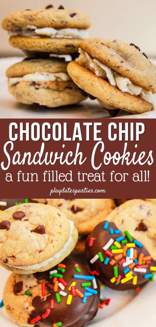 Chocolate chip cookie sandwiches filled with rich Swiss meringue buttercream frosting are deliciously decadent desserts. Grab a tall glass of milk and enjoy these sweet treats!
#chocolatechip #chocolate. #cookies #dessert #frosting #icing #buttercream
