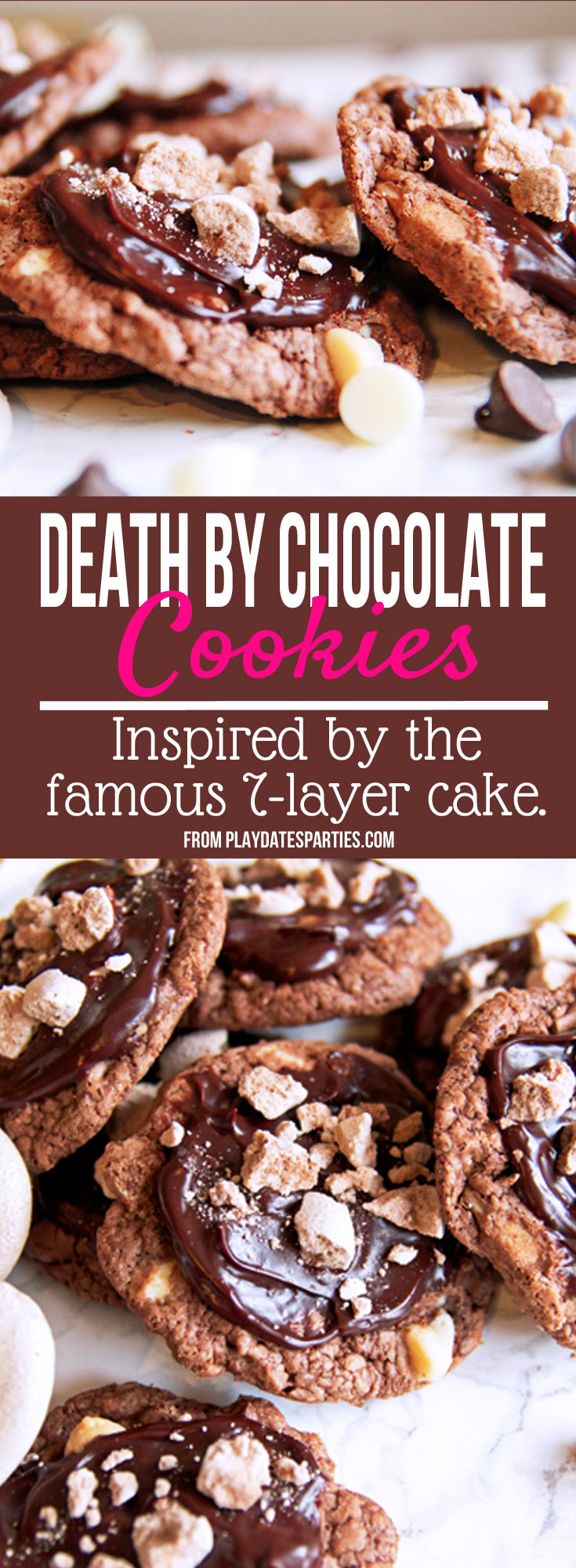 Inspired by the original Death by Chocolate cake from the Trellis in Williamsburg, VA these Death by Chocolate cookies are made with 4 layers of decadent chocolate, including a brownie-based cookie, white chocolate chips folded, ganache icing, and crunchy chocolate meringue bits to top it all off.