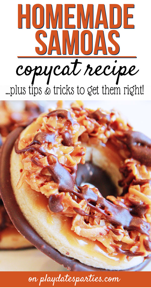 Craving those delicious Samoas, but it's not Girl Scout cookie season? Head on over to playdatesparties.com for a delicious copycat Samoas recipe, plus tips & tricks to get them right every time!
#copycatrecipes #desserts #cookies #pdpcooks