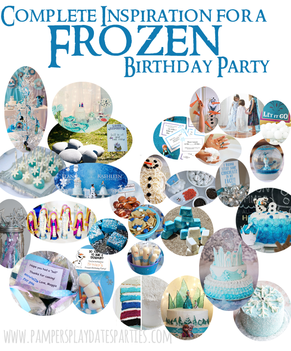 A complete inspiration guide for a Frozen birthday party, including birthday cakes, menu ideas, decor, activities, favors, and printables.