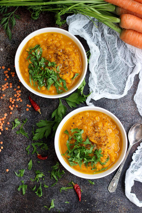 Roasted Carrot Lentil Soup by Happy Kitchen Rocks