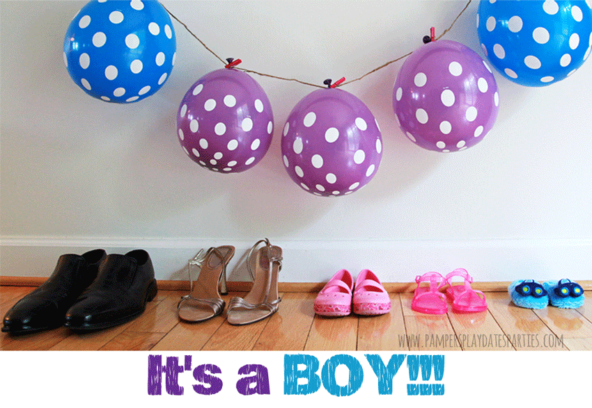 Two adorable gender reveal photos. One with a lineup of family shoes and the other in black and white with the siblings showing a lollipop.