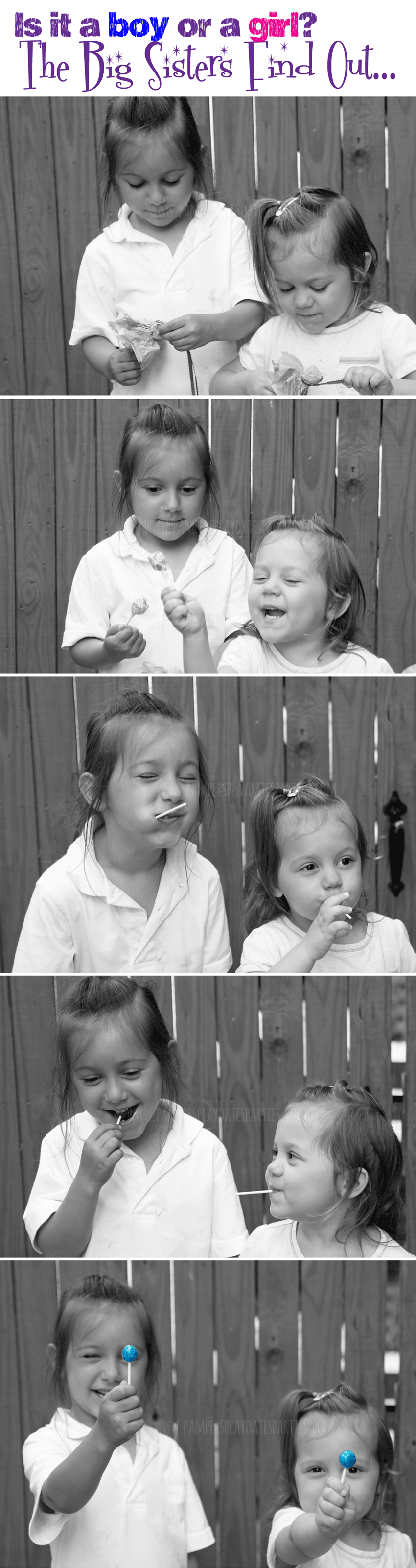 Two adorable gender reveal photos. One with a lineup of family shoes and the other in black and white with the siblings showing a lollipop.