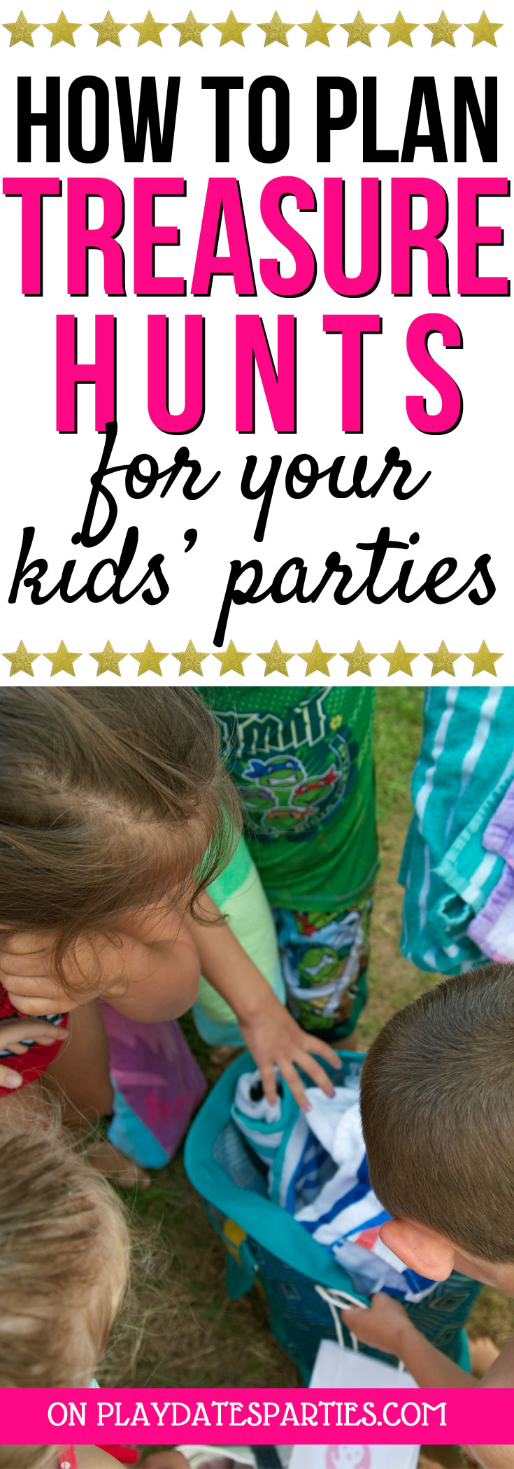 Want an awesome activity for your kid's birthday party? Head over to playdatesparties.com to get the best kids treasure hunt ideas, tips and tricks for a fantastic time! #kids #kidsparties #kidspartyideas #birthdayparty