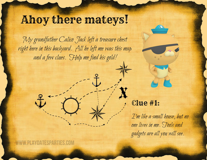 An image of a treasure map with an Octonauts theme, some words from Quazzi and the first clue