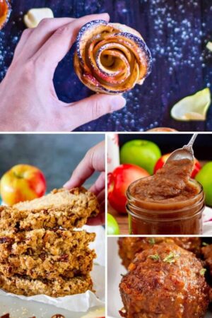 Collage of recipes: apple roses, apple bread, apple butter, and apple meatballs.