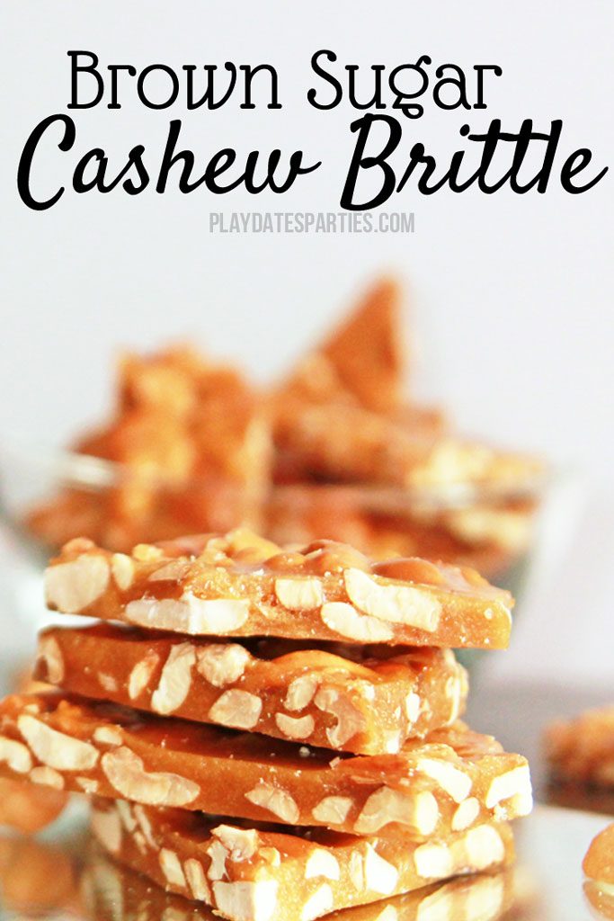 Once you take a bite of this easy brown sugar cashew brittle, you’ll be hooked. This recipe is perfectly sweet with hints of toffee and vanilla, the cashew nuts provide the perfect amount of crunch. It’s the perfect holiday candy to give away at Christmas or any time of year. #homemadetoffee #toffee #holidaybaking #holidaycandy #candy #holidaycandy #candyrecipes