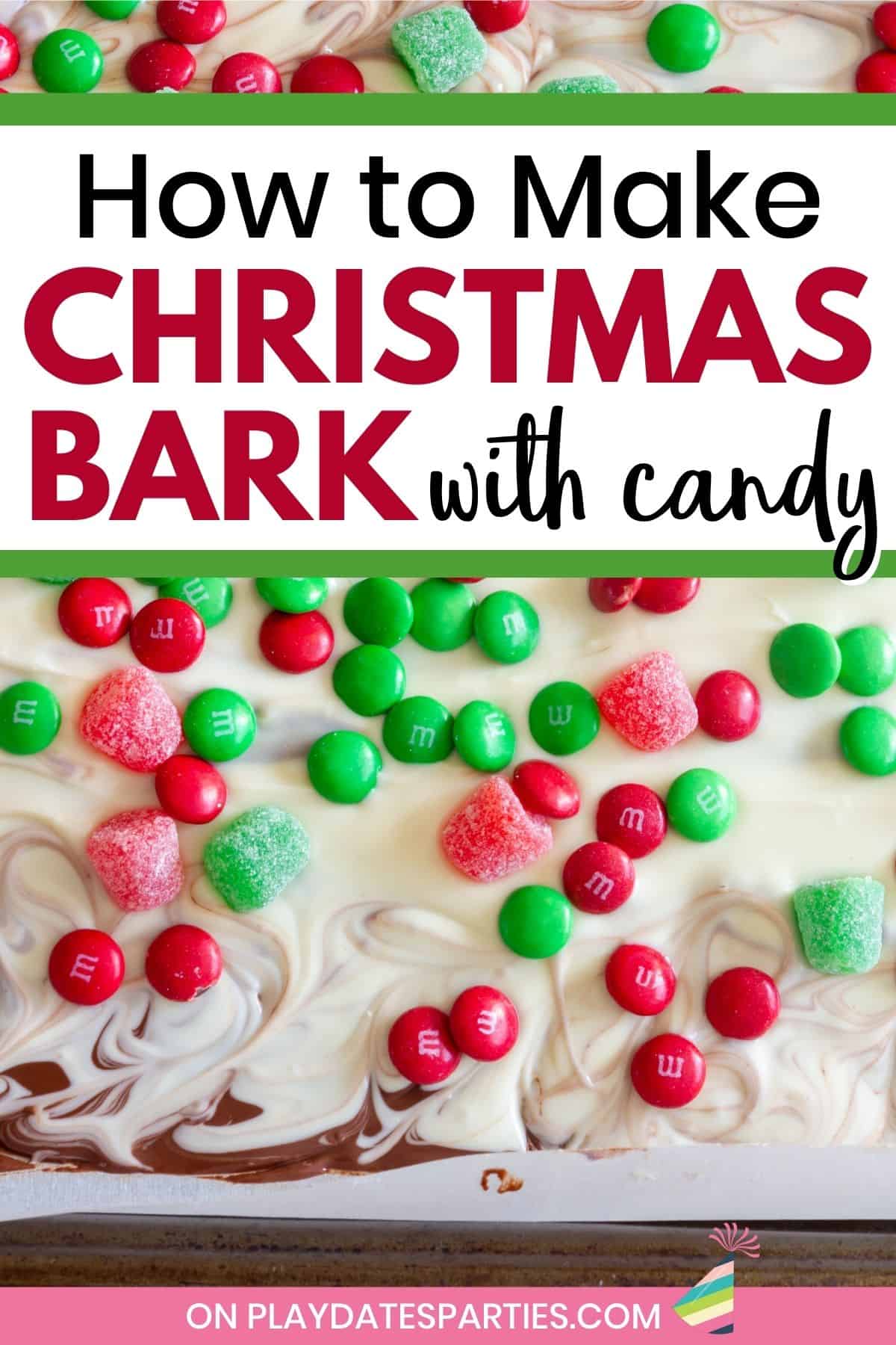 A pan of chocolate with candy with text overlay how to make Christmas bark with candy.