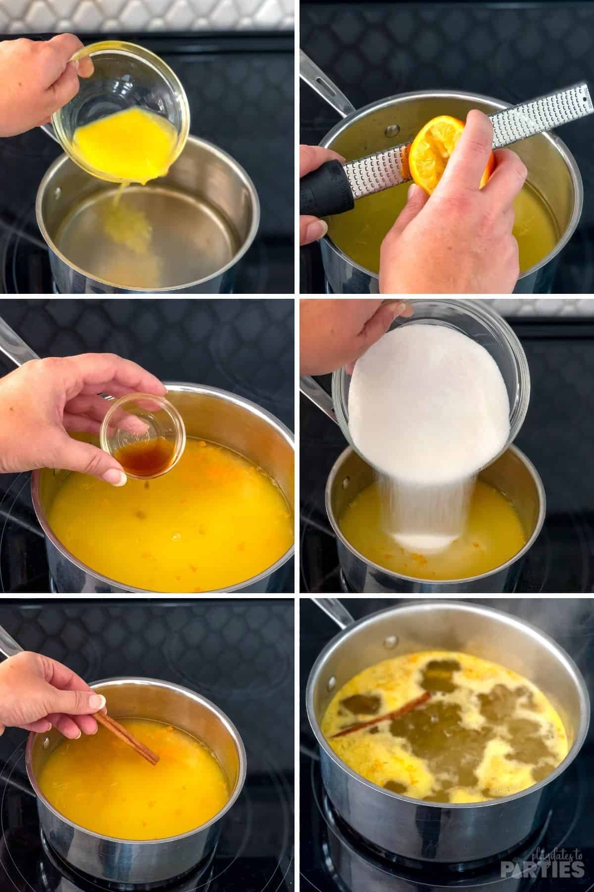Making a simply syrup with orange juice and vanilla.