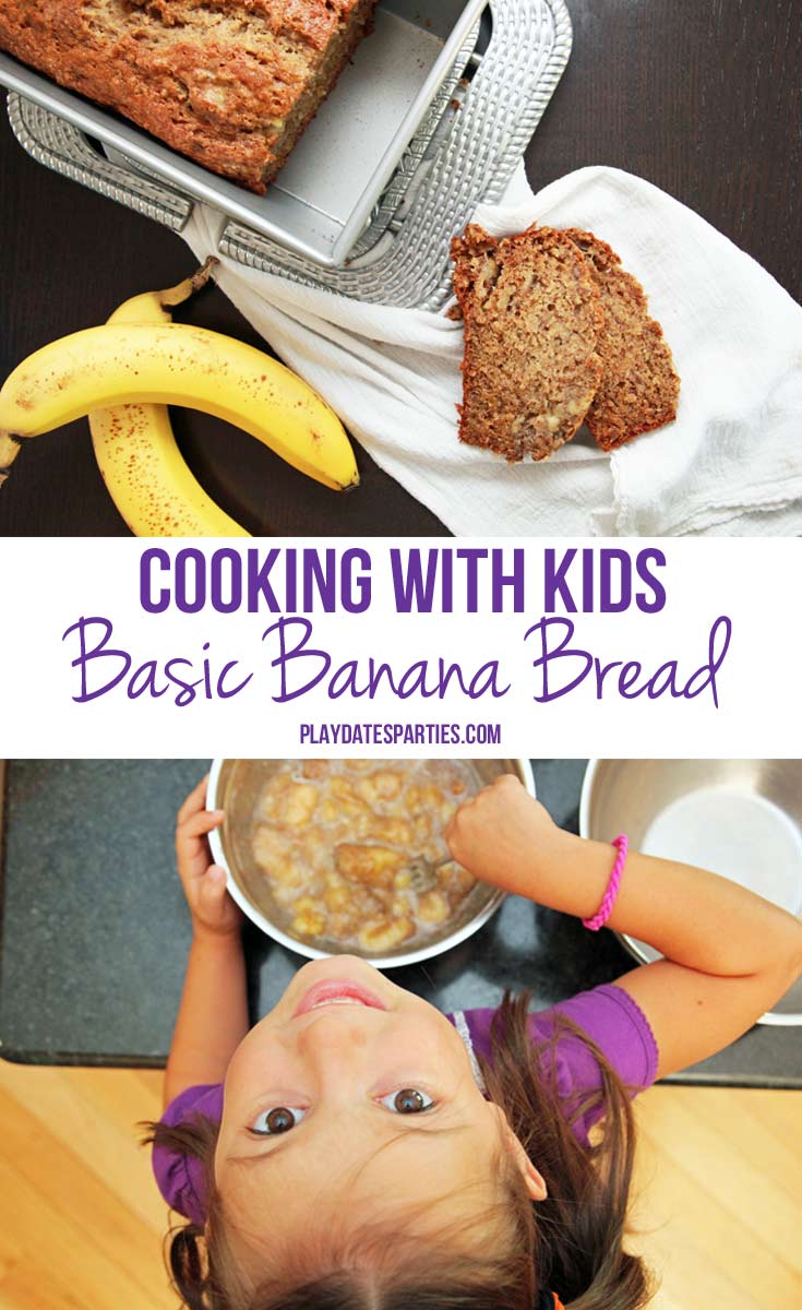 {Cooking with Kids} Basic Banana Bread - Quick breads are a fun way to introduce baking to kids. This basic banana bread recipe results in a moist, dense bread that is delicious as-is or with your favorite add-ins.