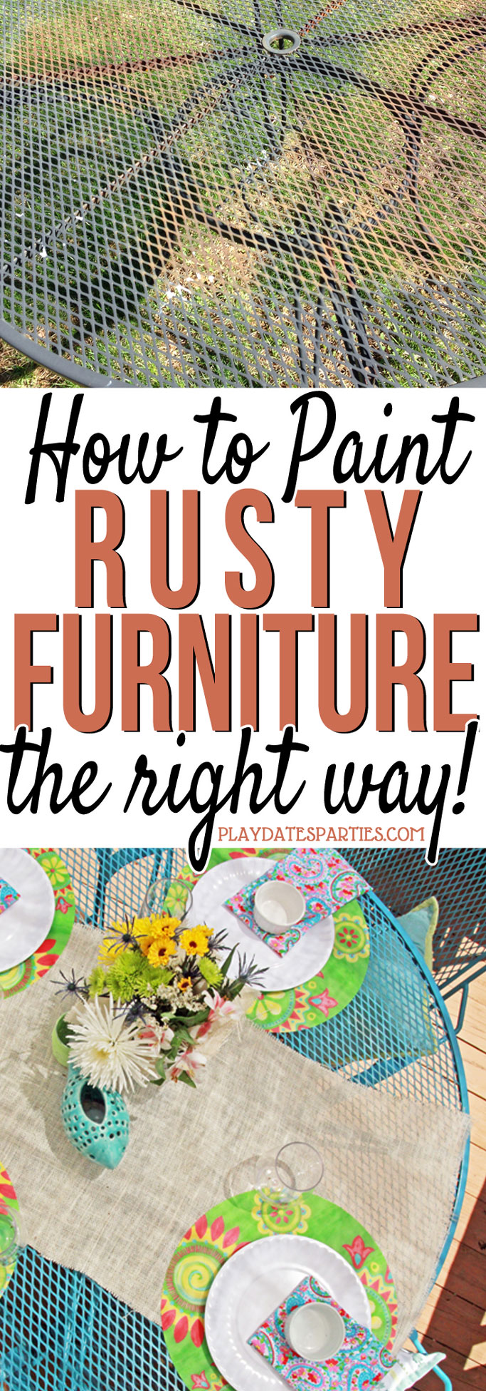 Don’t throw out that rusty patio set just yet! Click through to find out the RIGHT way to paint an old rusted patio set that will last for years. via playdatesparties.com
#spraypaint #DIY #paint #patio
https://playdatesparties.com/how-to-paint-rusted-metal-furniture/