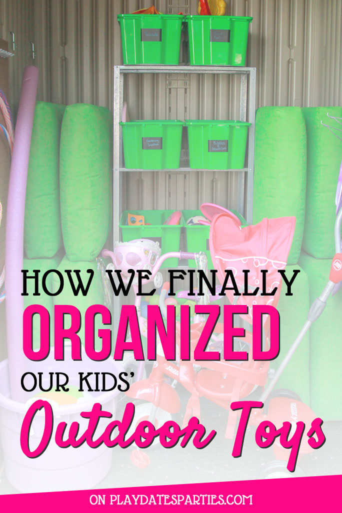 Why are outdoor toys so hard to get organized? Head over to playdatesparties.com for 5 fantastic tips to get your kids' outdoor toy storage organized once and for all! #kidstoys #kids #outdoors #toyorganization #toystorage #Ikea #pdpdecorates