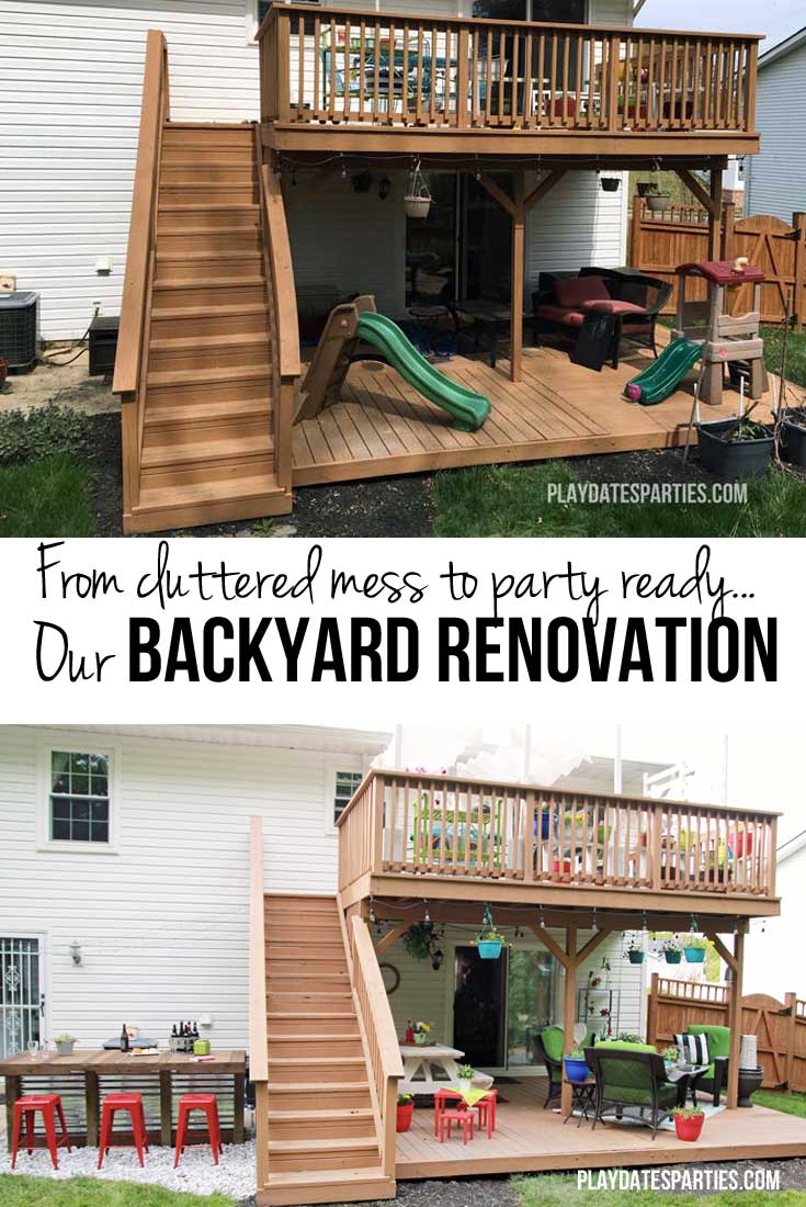 Take a look at this backyard renovation, with loads of DIY projects to get your backyard ready for summer entertaining. Projects include a homemade pallet bar, painted patio cushions, painted patio furniture, a DIY privacy screen, outdoor lighting and more!