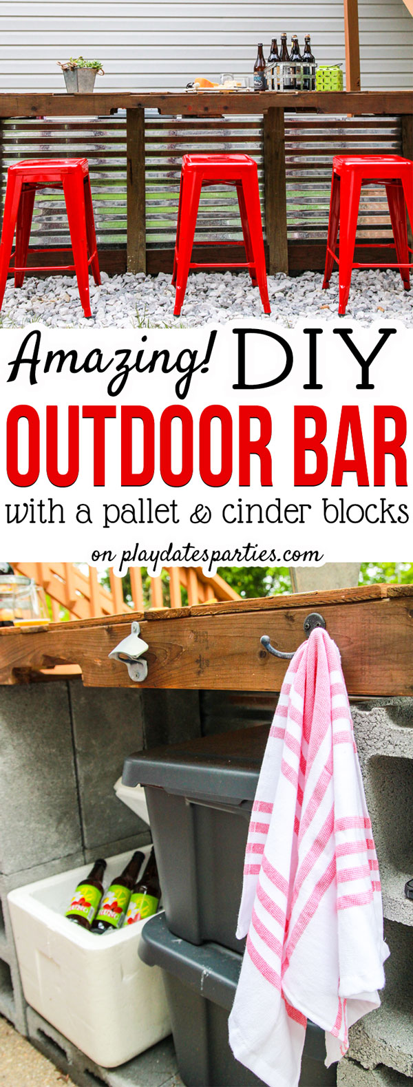 Want the perfect place to gather for your backyard BBQ? Head over to playdatesparties.com to get all the details behind this DIY Outdoor Bar made with just cinder blocks and a pallet!
#outdoors #DIY #backyard #outdoorbar #pdpcreates