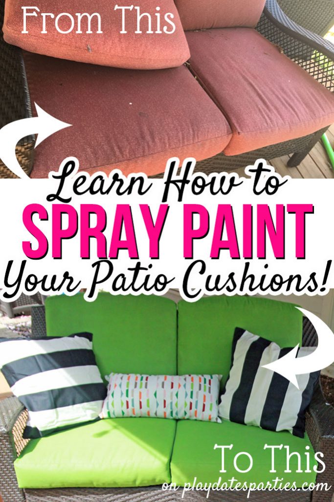 Tired of your dingy old patio set? Head over to playdatesparties.com to get all the tips & tricks for to give it a facelift with spray painted patio cushions with free printable instructions. #DIY #outdoors #patio #patioideas #patiofurniture #pdpdecorates