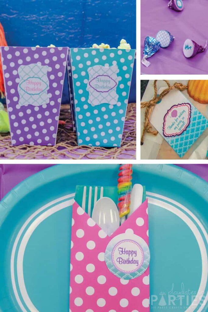 printable birthday party decorations including  napkin wraps, popcorn boxes, kisses, and tags