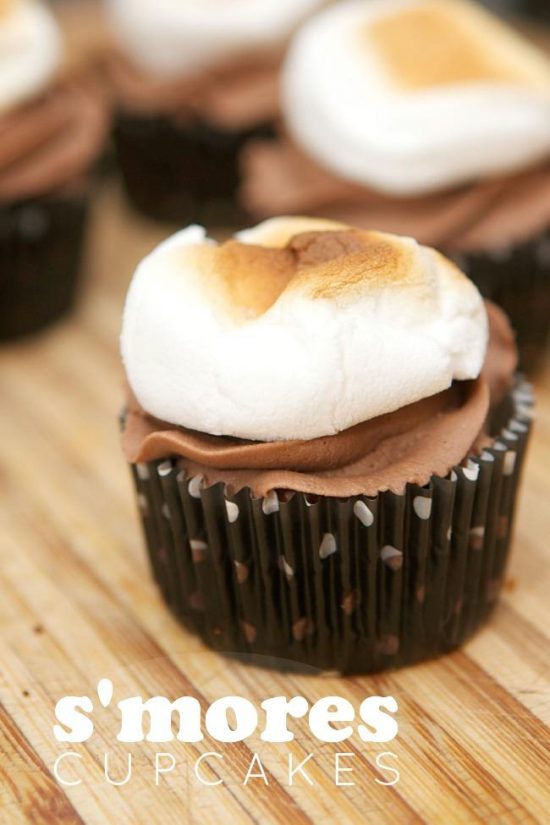 Ooey gooey s'mores cupcake with chocolate frosting and a toasted marshmallow