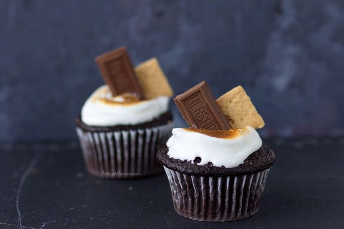 S'mores cupcakes with secret filling and a toasted marshmallow topping.