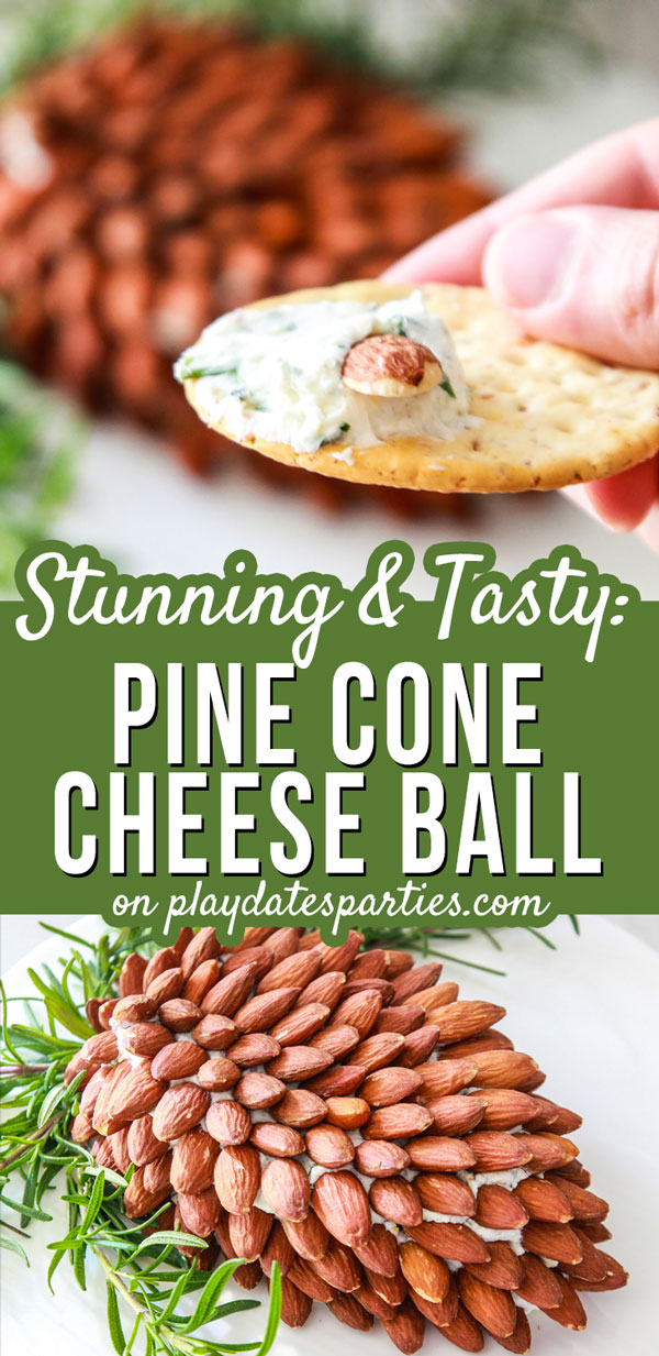 Want an easy but stunning holiday appetizer for your Christmas buffet? Make a pine cone cheese ball! This flavorful cream cheese dip is covered with almonds and garnished with fresh rosemary to look just like a giant pine cone. It’s a great make ahead recipe for holiday parties!
#Appetizer #Cheese #EasyRecipes #EasyHolidayRecipes #CheeseBall #PartyAppetizer #Holidays #ChristmasRecipes #PineCone