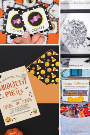 Collage of printable games, invitations and signs for Halloween.