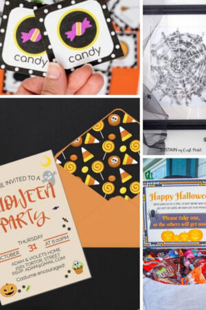 Collage of printable games, invitations and signs for Halloween.