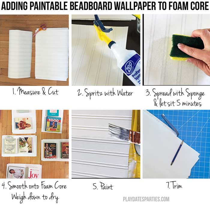 Add paintable headboard wallpaper to foam core to get a reversible shelf backing you can change at any time!