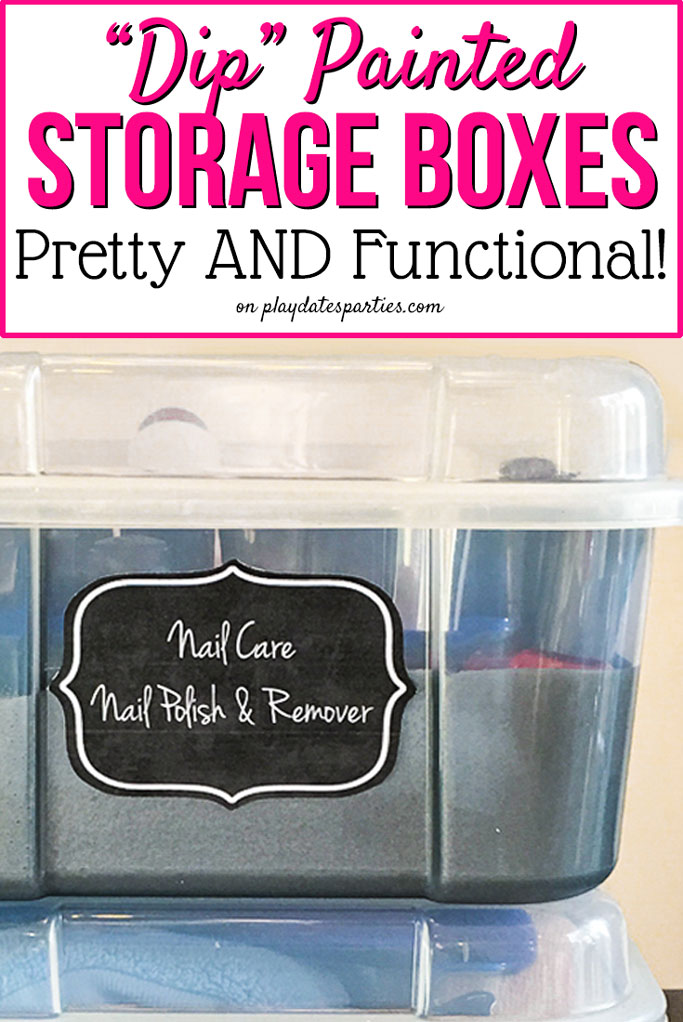 Plastic boxes with lids are so practical…but not very pretty. Find out how to make your own DIY dip-painted look on your storage boxes for a pretty way to keep small items organized on your shelves. They’re perfect for nail polish, and small, awkward collections that need to be corralled. #doityourself #homedecor #decoratingtips #painting #spraypaint **#budgetdecor #decorating